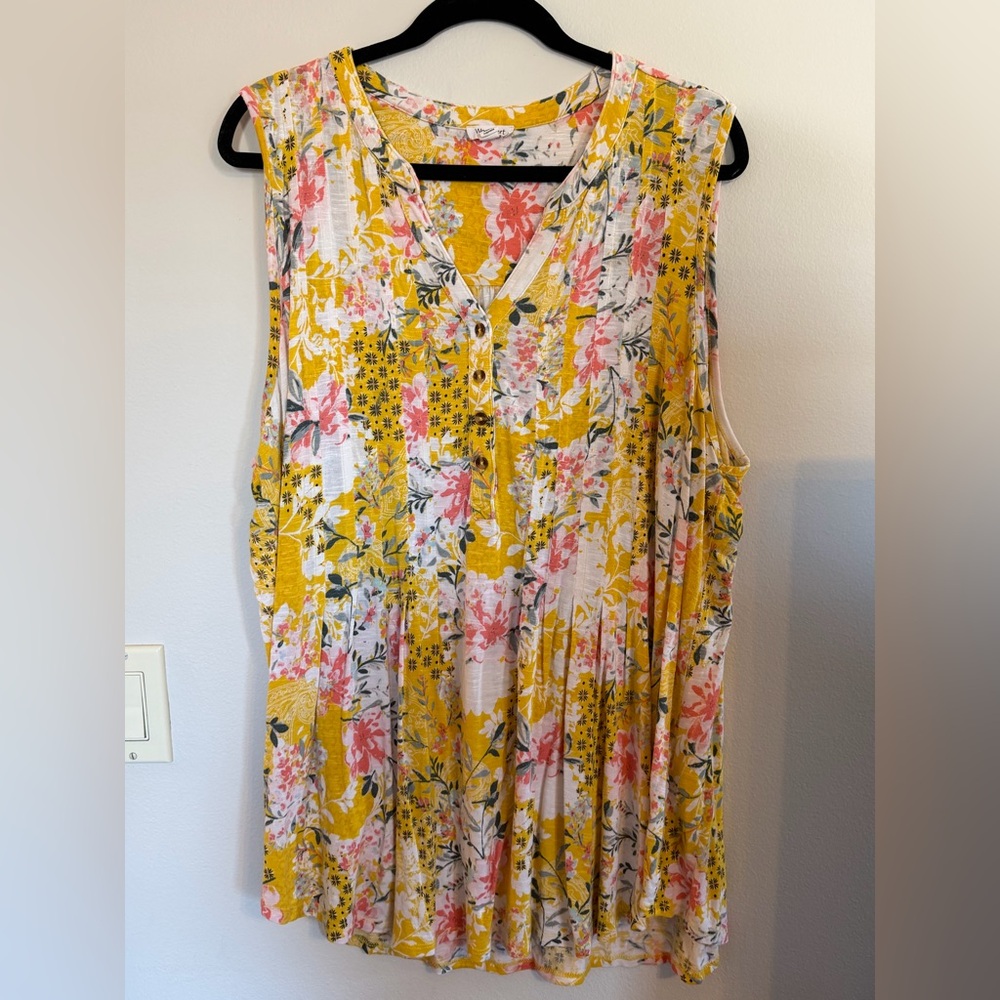 Westport Yellow Floral Top with Coral and Green Accents